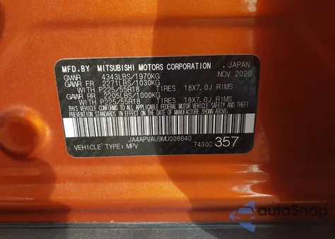 2021 Mitsubishi Outlander Sport 2.0 Se 2Wd z USA, uszkodzony, nr VIN JA4APVAU9MU008640